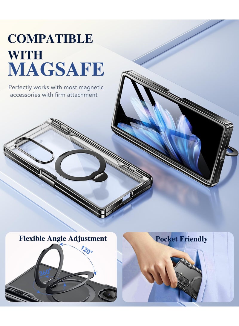 بيرفي جراب لهاتف سامسونج جالاكسي زد فولد 7 مع حامل مغناطيسي دوّار بزاوية 360 درجة، متوافق مع MagSafe، مزوّد بواقي شاشة مدمج، تصميم شفاف مطلي، حماية كاملة للجهاز، مقاوم للصدمات، جراب حماية لهاتف سامسونج جالاكسي زد فولد 7، أسود. - Image 2